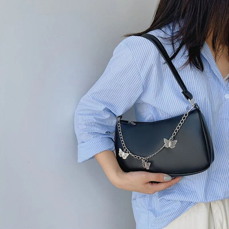 Women’s Stylish Crossbody Shoulder Bag with Zipper Pocket and Butterfly Chain Accent
