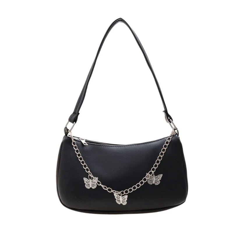Women’s Stylish Crossbody Shoulder Bag with Zipper Pocket and Butterfly Chain Accent