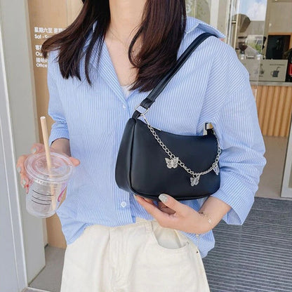 Women’s Stylish Crossbody Shoulder Bag with Zipper Pocket and Butterfly Chain Accent