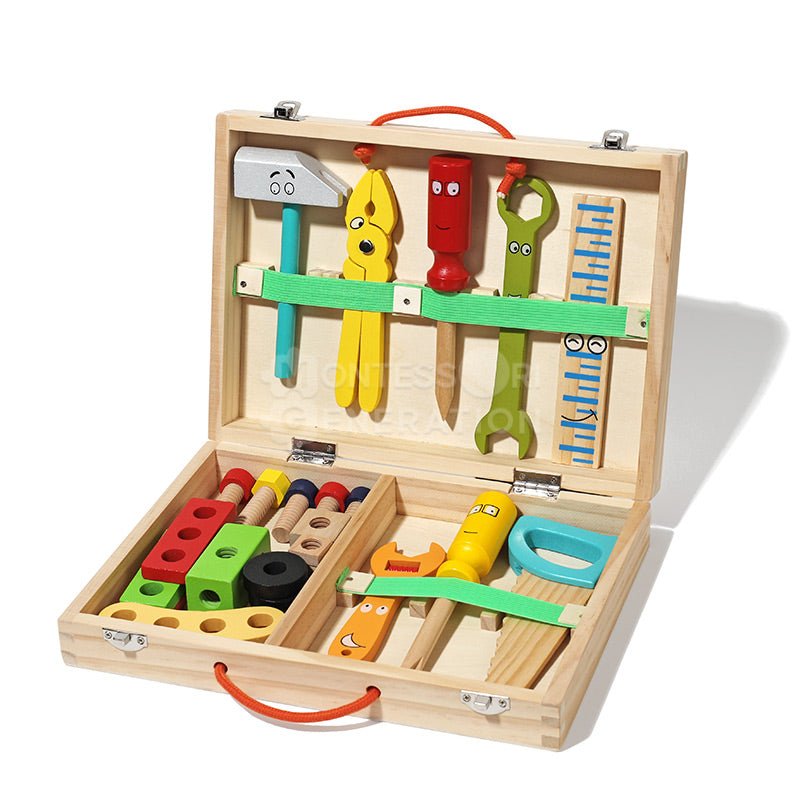 Wooden Montessori Tool Set Kids Wooden Tool Box Educational Pretend Play Construction Toy