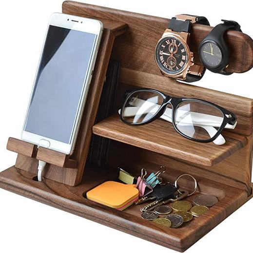 Wooden Phone Charging Station Desk Organizer Stand Bedside Nightstand Storage Holder