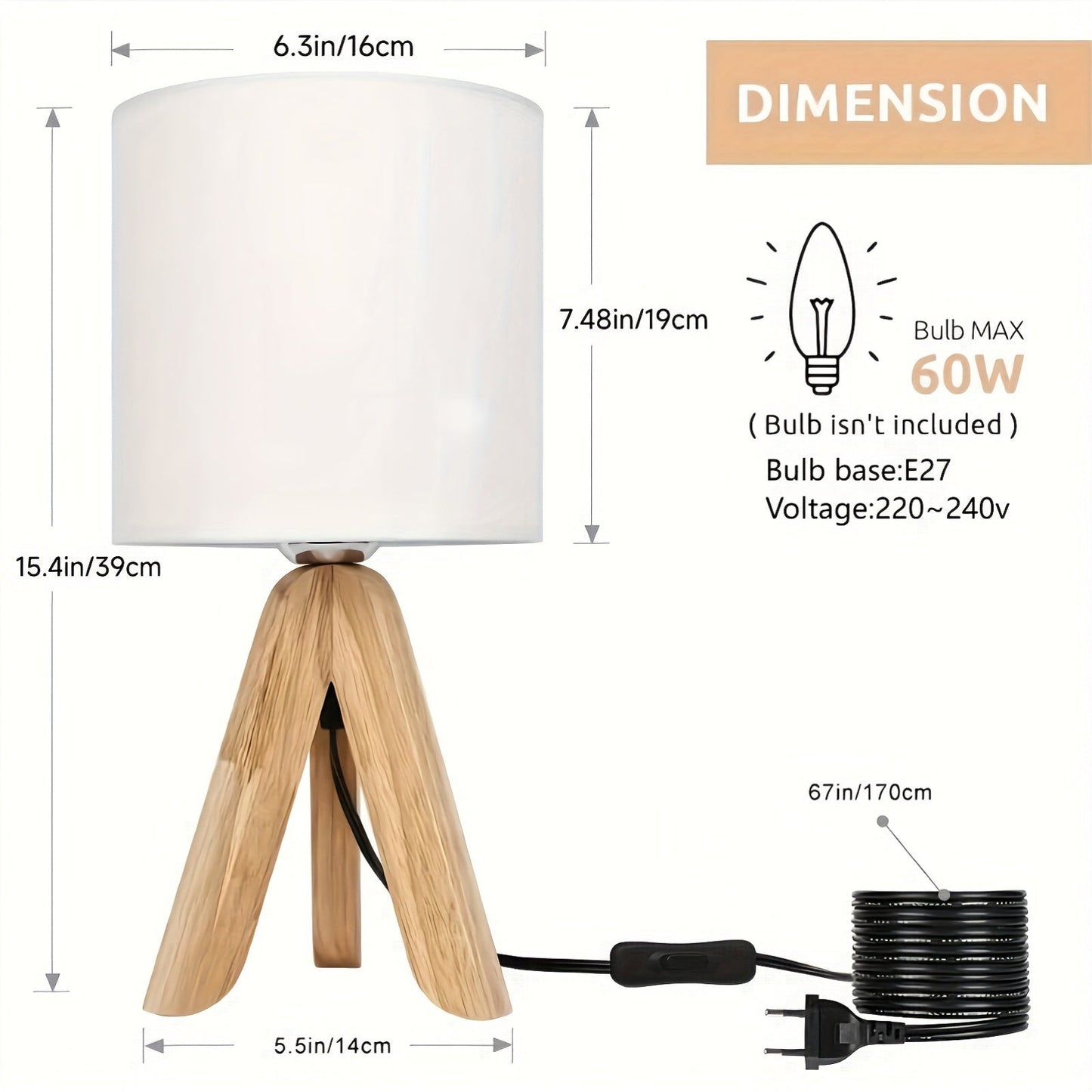 Wooden Tripod Table Lamp Modern Home Lighting Bedside Living Room Decor
