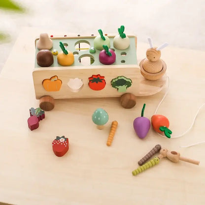 Wooden Vegetable Sorting Cart Toy for Toddlers Montessori Learning Pull Toy