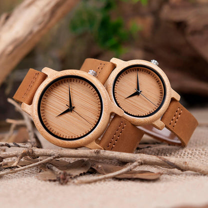 Wooden Watch Quartz Bamboo Case Leather Strap Minimalist Men's Wristwatch