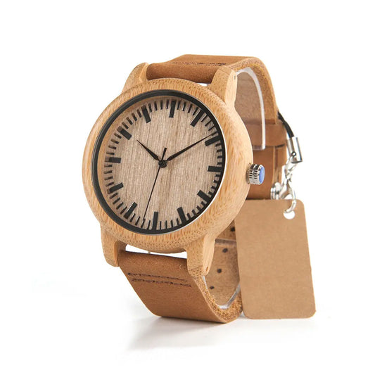Wooden Watch Quartz Bamboo Case Leather Strap Minimalist Men's Wristwatch