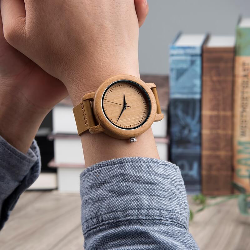 Wooden Watch Quartz Bamboo Case Leather Strap Minimalist Men's Wristwatch