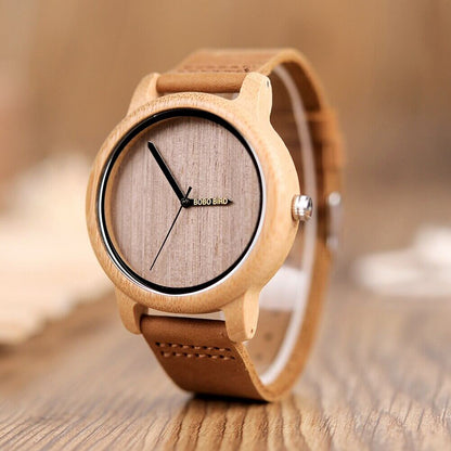 Wooden Watch Quartz Bamboo Case Leather Strap Minimalist Men's Wristwatch
